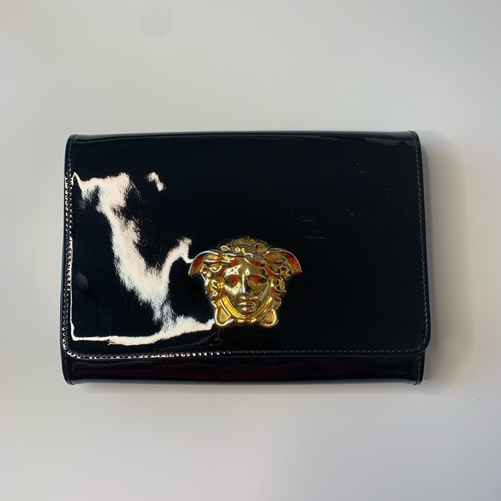 Versace black patent palazzo evening bag